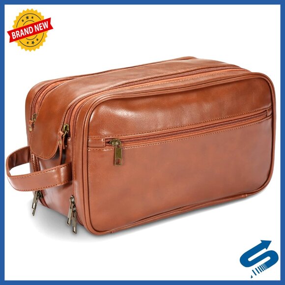 Large Leather Travel Toiletry Bag Waterproof Dopp Kit Mens Shaving
